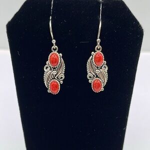 Red Oval Coral Leaf Design Dangle Drop Earrings BBJ for JTV Sterling Silver